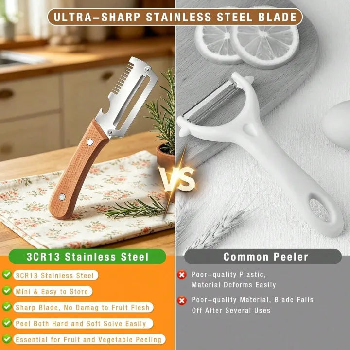 3 in 1 Multifunctional Vegetable Peeler Knife | Stainless Steel Julienne Cutter, Vegetable Slicer & Peeling Tool | Wooden Handle Kitchen Gadget