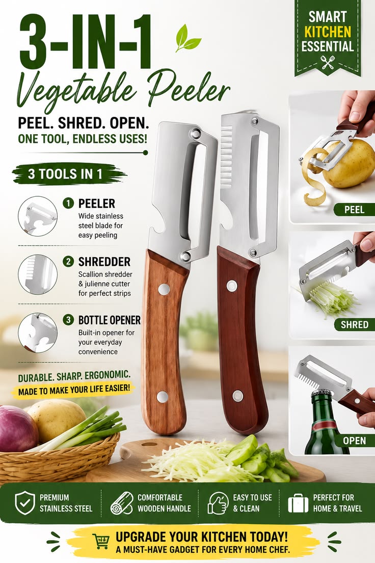 3 in 1 Multifunctional Vegetable Peeler Knife | Stainless Steel Julienne Cutter, Vegetable Slicer & Peeling Tool | Wooden Handle Kitchen Gadget
