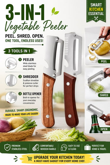 3 in 1 Multifunctional Vegetable Peeler Knife | Stainless Steel Julienne Cutter, Vegetable Slicer & Peeling Tool | Wooden Handle Kitchen Gadget
