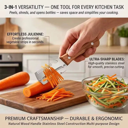3 in 1 Multifunctional Vegetable Peeler Knife | Stainless Steel Julienne Cutter, Vegetable Slicer & Peeling Tool | Wooden Handle Kitchen Gadget
