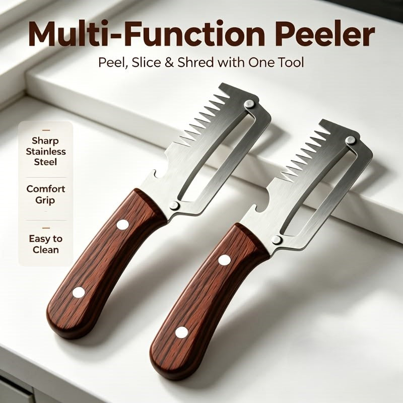 3 in 1 Multifunctional Vegetable Peeler Knife | Stainless Steel Julienne Cutter, Vegetable Slicer & Peeling Tool | Wooden Handle Kitchen Gadget