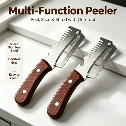 3 in 1 Multifunctional Vegetable Peeler Knife | Stainless Steel Julienne Cutter, Vegetable Slicer & Peeling Tool | Wooden Handle Kitchen Gadget