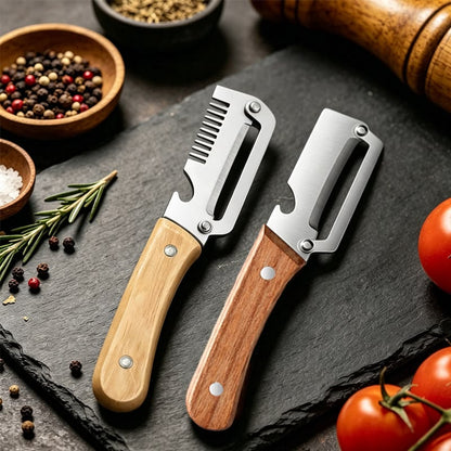 3 in 1 Multifunctional Vegetable Peeler Knife | Stainless Steel Julienne Cutter, Vegetable Slicer & Peeling Tool | Wooden Handle Kitchen Gadget